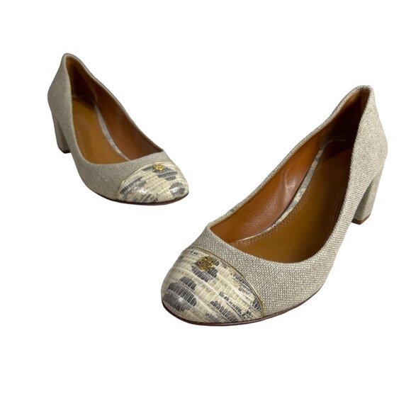 Tory Burch Women’s Natural Gold Tejus Lizard Print Heels Sz 9M - - Picture 1 of 10